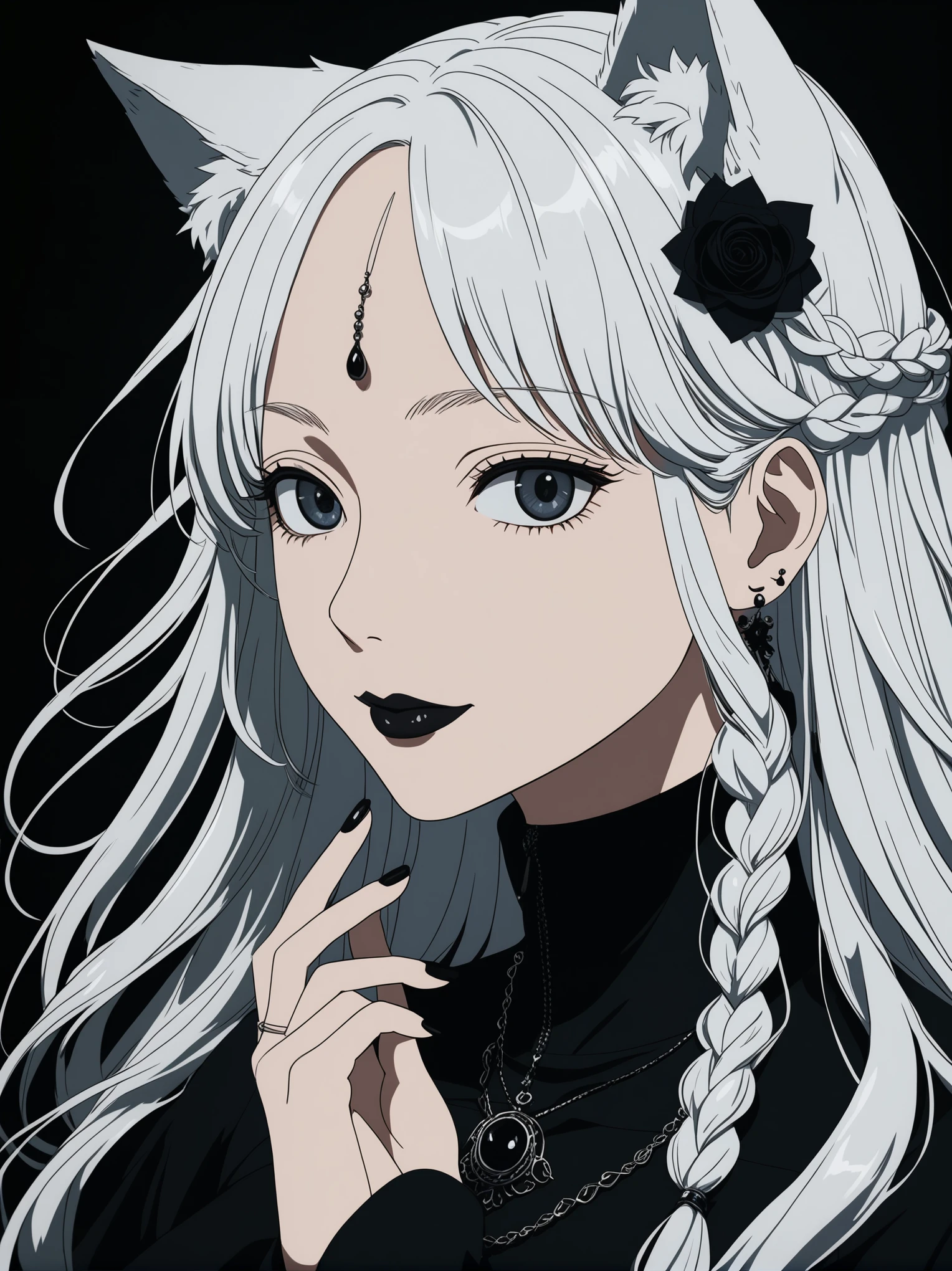 studio ghibli anime ,screencap , masterpiece, best quality, highly detailed, shading,(fullbody shot:3.0), Goth woman, perfect face, beautiful eyes, perfect eyes, thick eye lashes, beautiful face, dark makeup, dark lipstick, wearing, happy, pale skin, smiling, perfect white teeth, long curly white hair, side braid, wolf ears, medium breasts, ear piercings, curvy, wide hips, beautiful turtleneck dress, covered, thigh high lace stockings, long skirt, black boots, tattoos, hair accessories, deep black background, thick white outline surrounding just the character, POV from the ground up, character looking down at the viewer, touching her own lips with her right hand