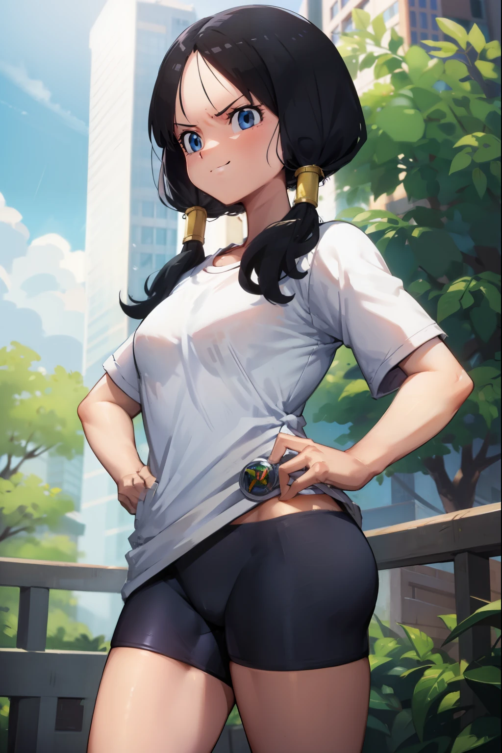 videl,Saw 2,low twintails,white t-shirt,Badge, bicycle_shorts,Green running shoes,smirk,put your hands on your hips,High school,tilt one's head,