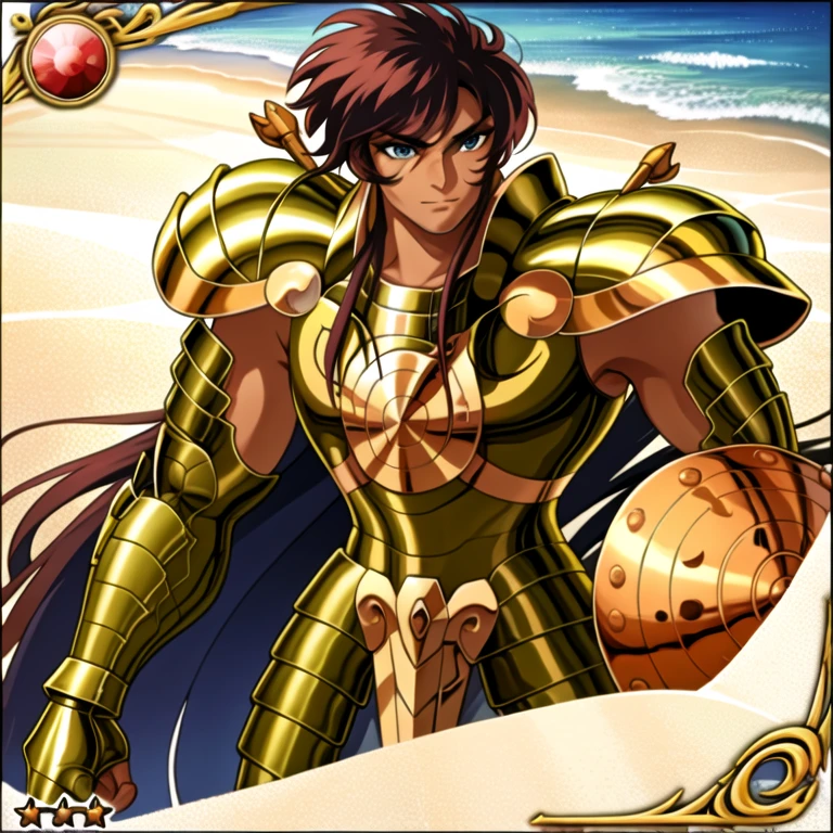 chef-d'artwork, best quality, high resolution, 1 femme, yeux verts, armure , Outside, , tanning on the beach next to his armor