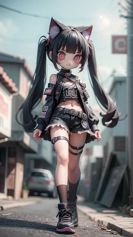 2D,#quality(8k,wallpaper of extremely detailed CG unit, ​masterpiece,hight resolution,top-quality,top-quality real texture skin,hyper realisitic,increase the resolution,RAW photos,best qualtiy,highly detailed,the wallpaper), BREAK,solo,#1girl(cute,kawaii,evil smile,hair floating,hair messy,black hair,long hair,twin tails hair,pale skin,skin color blue,eyes are red,red eyes shining,big eyes,ripped clothe:1.8,tight tube top,breast,tight hot pants,dynamic pose:2.0,dynamic angle:1.4,stomach shown :0.8,punk fashion,black cat ear:1.4,from below),#background(outside,noisy city,backstreet,narrow street,street lights),[chibi:2.0],