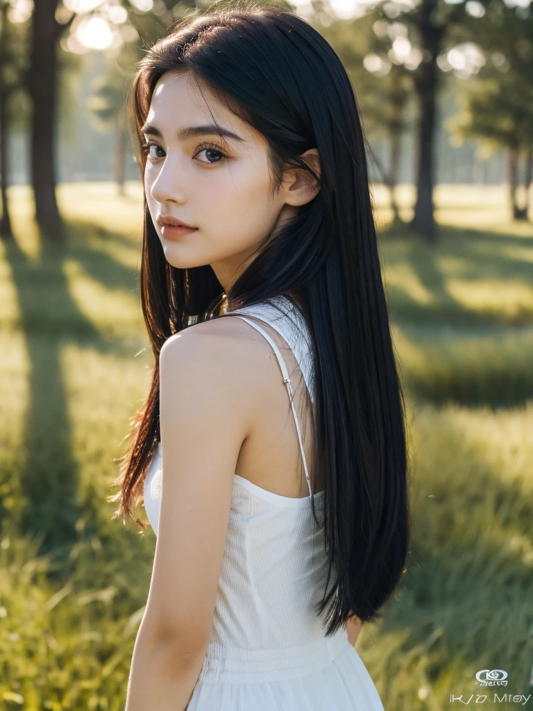 ( masterpiece, top quality, best quality,8k,17 years old girl,ultra detailed,raw photo:1.5),(photorealistic:1.4), (long black hair:1.5), (cinematic lighting), PerfectNwsjMajic, , Surrealism, UHD, ccurate, Super detail, textured skin, High detail, Best quality, dynamic angle, (high nose,White skin),[Beautiful blue eyes],[flat chest:large breasts:0.5],(1girl),(good anatomy:0.5)),(outside:1.5),dress