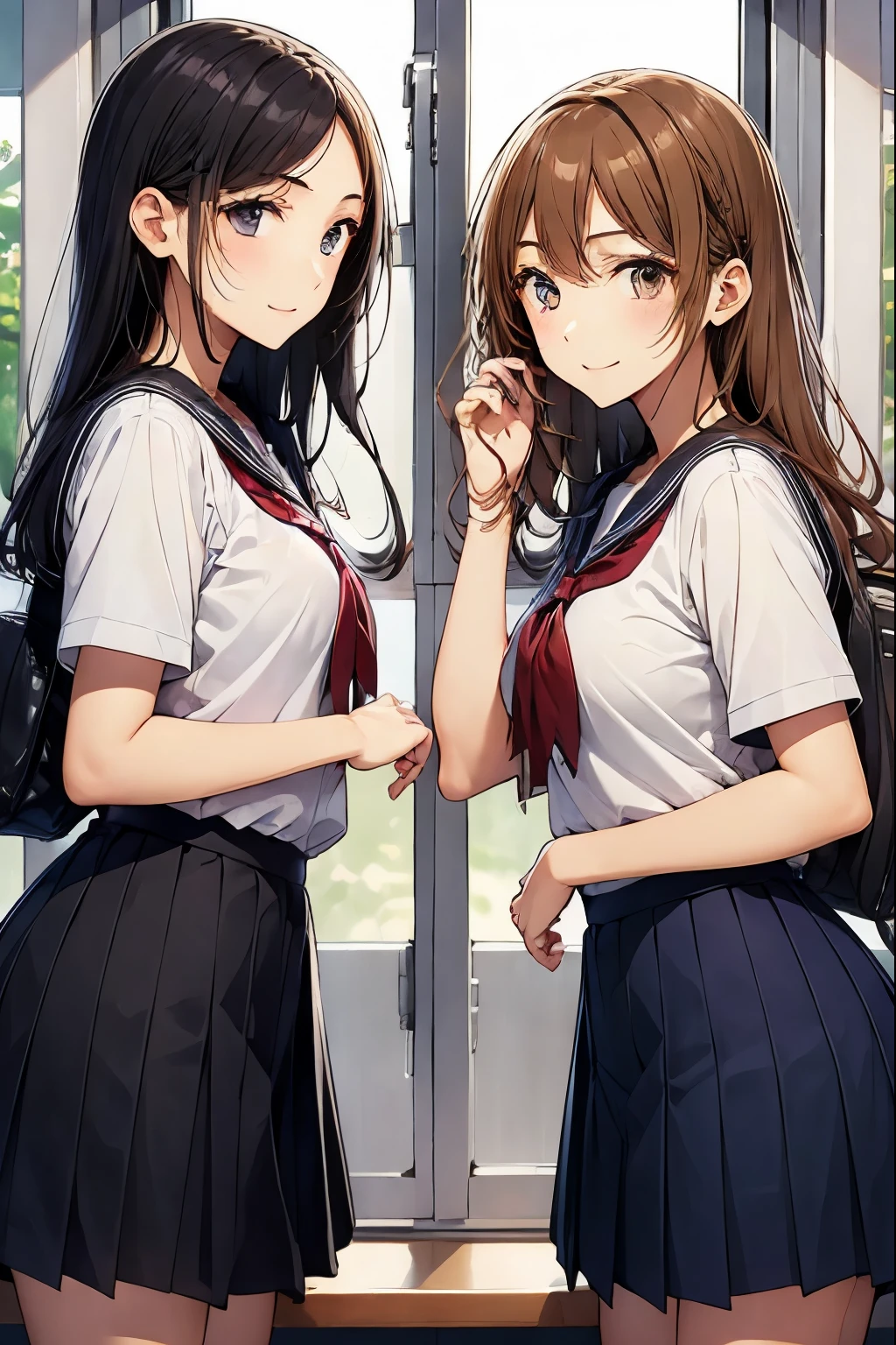 Two high school girls looking out the window in the classroom、seductive smile、