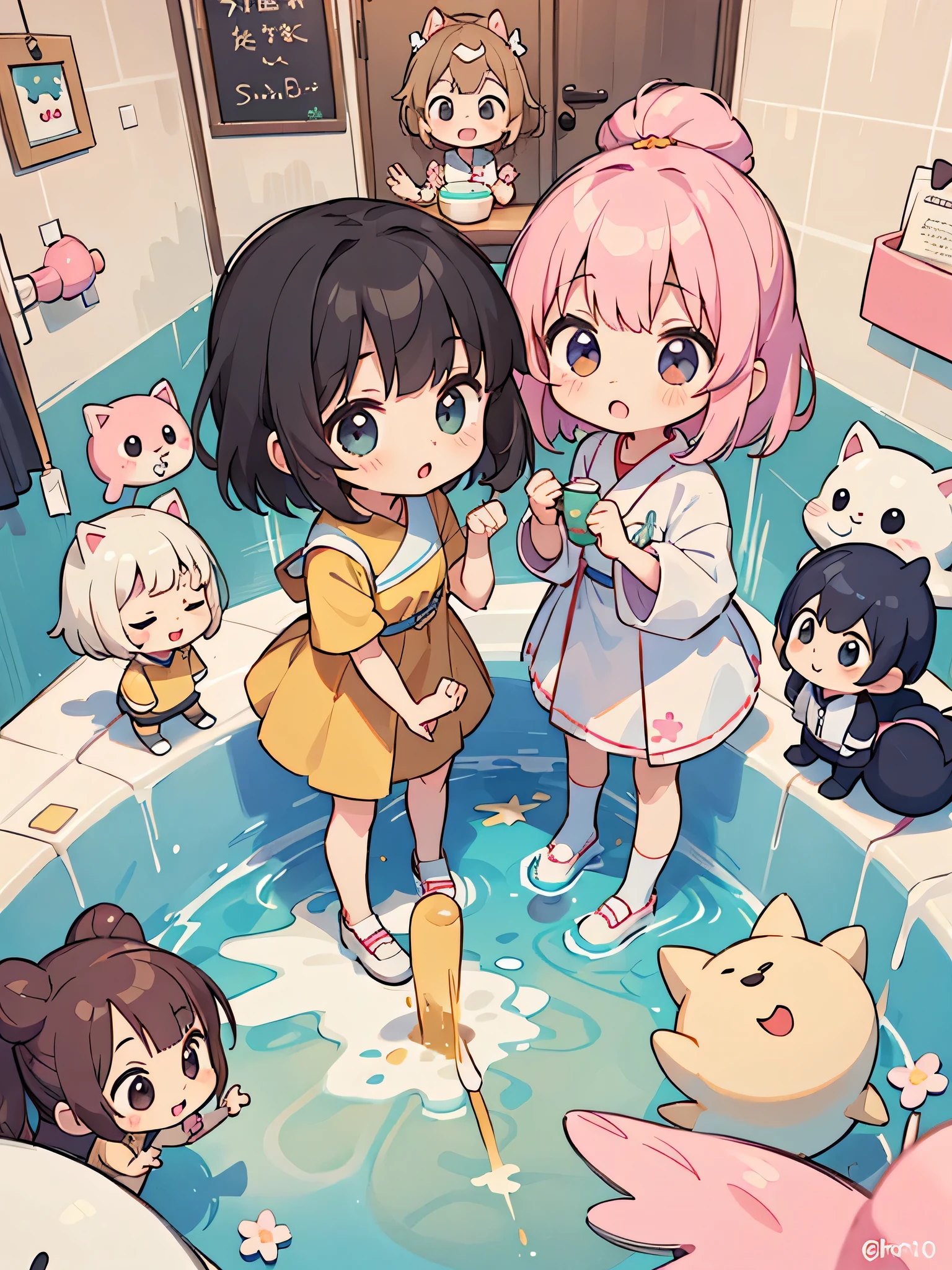 Momoko Sakura style, Kawaii Design, (((10 people)))、most beautiful girl ever、Chibi, Colorful bob hair、((Lots of friends))、children's room、(((Pee together)))