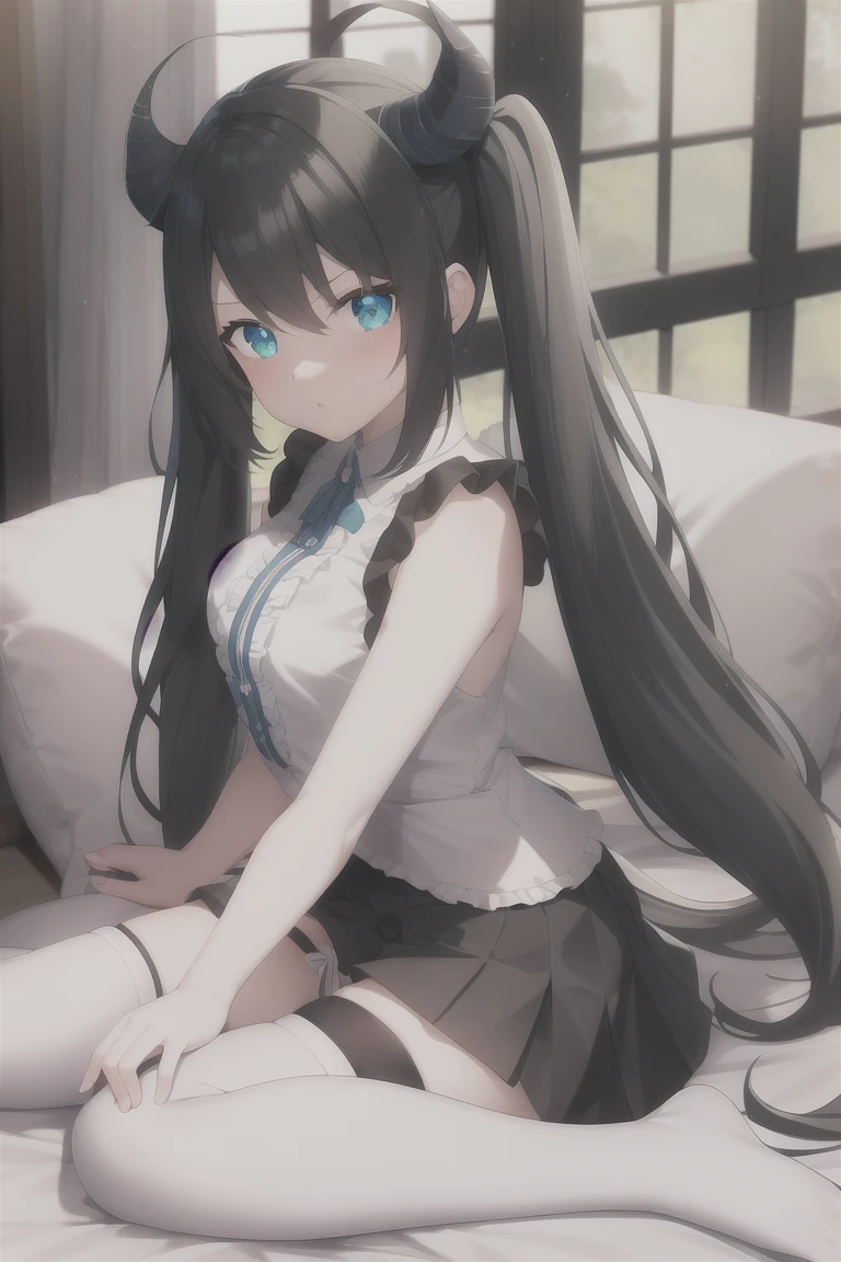 1girl, solo, no shoes, thighhighs, heterochromia, blue eyes, long hair, skirt, underwear, twintails, panties, holding, black skirt, white thighhighs, hair ornament, bangs, looking at viewer, soles, parted lips, ahoge, white panties, very long hair, pleated skirt, indoors, thigh strap, white hair, hair between eyes, green eyes, virtual youtuber, knees up, low twintails, nintendo switch, bare shoulders, feet, hairclip, white shirt, sleeveless, :o, blush, window, full body, pillow, tail, frills, horns, shirt, lying, scrunchie, on back, ass