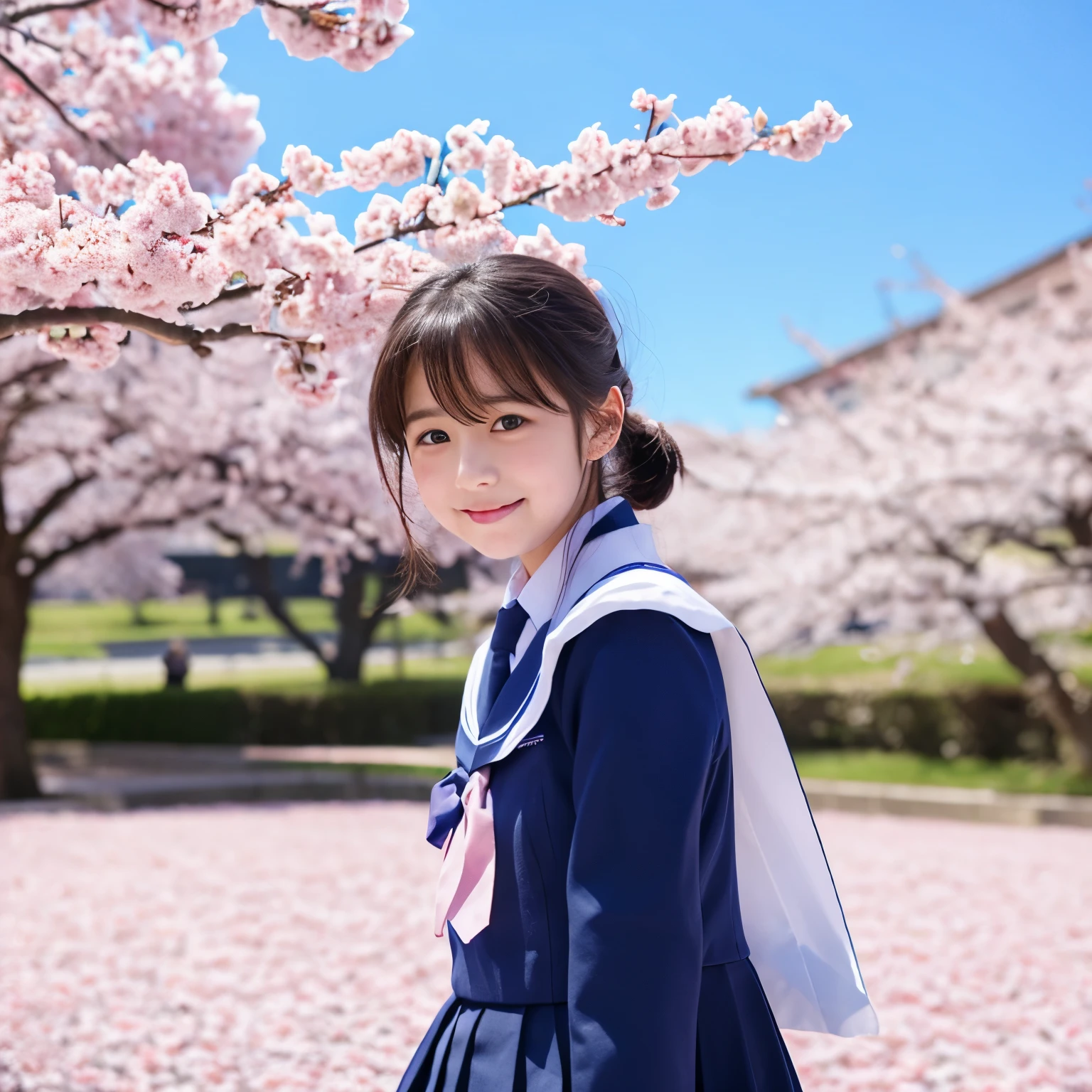 cherry blossom petals、girl、uniform、blue sky