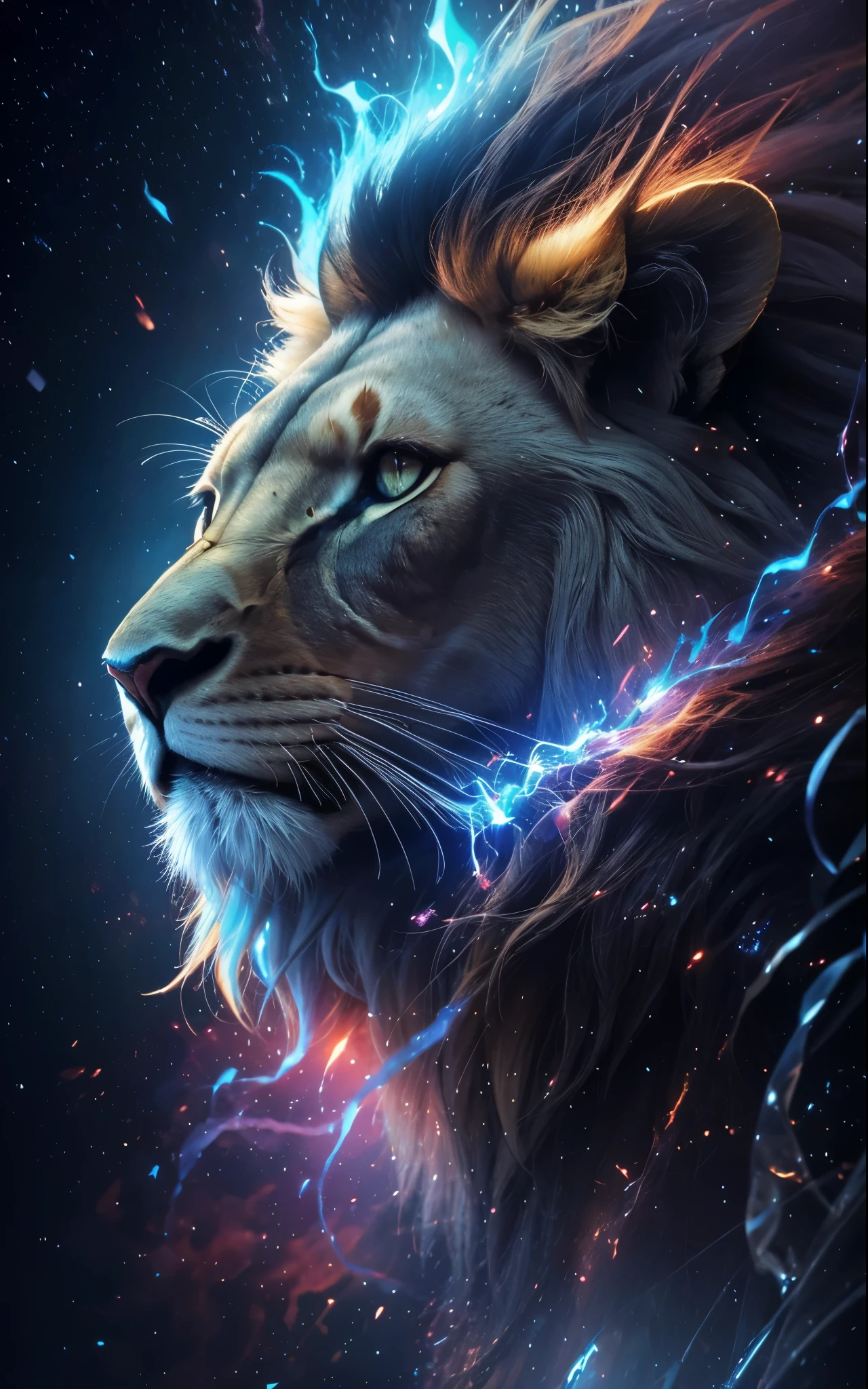 Lion, Divine Lion, natural, Linda criatura, very beautiful, renderizado, fotorrealista, UltraHD, 4k, texturasdetalhadas, thunders, sombras detalhadas, cores detalhadas, por do sol, sol se pondo, Sunset, Natureza Linda, Great Divine, por do sol, contraste detalhado, contraste realista, high resolution, cores detalhadas, fogo, fogo celestial, fogo divino, Divine Fire, eletricidade, divina criatura, 8k, Detailed Realistic, 16K, 8K, HD, contraste detalhado, contraste realista, high resolution, cores detalhadas, fogo, eletricidade, divina criatura, 8k, Detailed Realistic, Elegante,