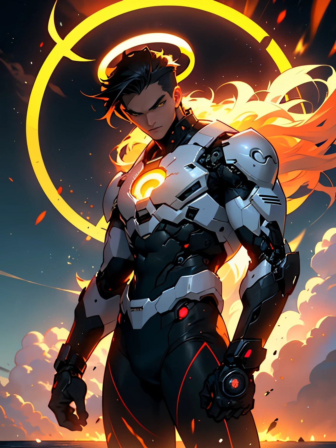Create vivid and engaging information: "An 18-year-old faceless man in a black mecha, There are three huge circular halos behind him.,Located behind the left shoulder,There is a halo behind the right shoulder and head, Standing gracefully on the clear water, With the horizon as the background. Looking up at the cloudy sky during the day, Imagine a unique character, Cloud people, He exudes a powerful aura,It's like a super power flowing around him... Imagine him as a divine being.., Surrounded by clouds, Embodying Divinity. Circular symbol with bright background,Jackets incorporate technical apparel elements、This enhances the wonderful image。、camel toe、huge 、Nipple puffs、split、full、Super big breasts、Super big ass