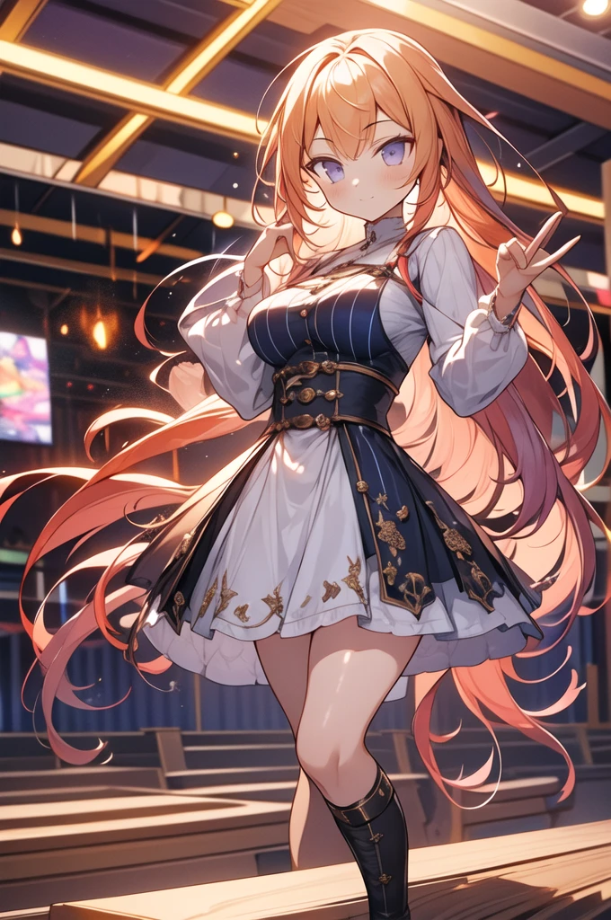 1girl, solo, Hoshino Ruby, symbol-shaped pupils, (left star-shaped pupils:1.2), sparkling eyes, (star in left eye:1.2), symbol in eye, red eyes, long hair, blonde hair, bangs, blush, (side ponytail:1.1), (dress:1.2), on the stage, idol, dancing, spotlight, smile, (masterpiece:1.2), highres, best quality, 8k, very clear,