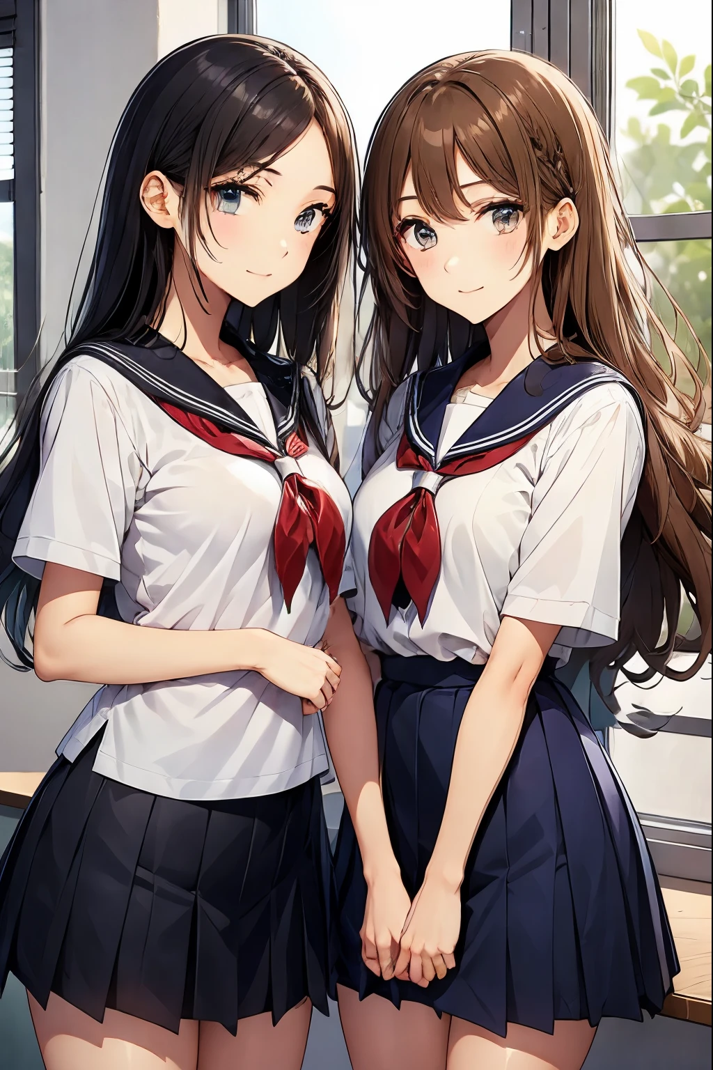 Two high school girls looking out the window in the classroom、seductive smile、