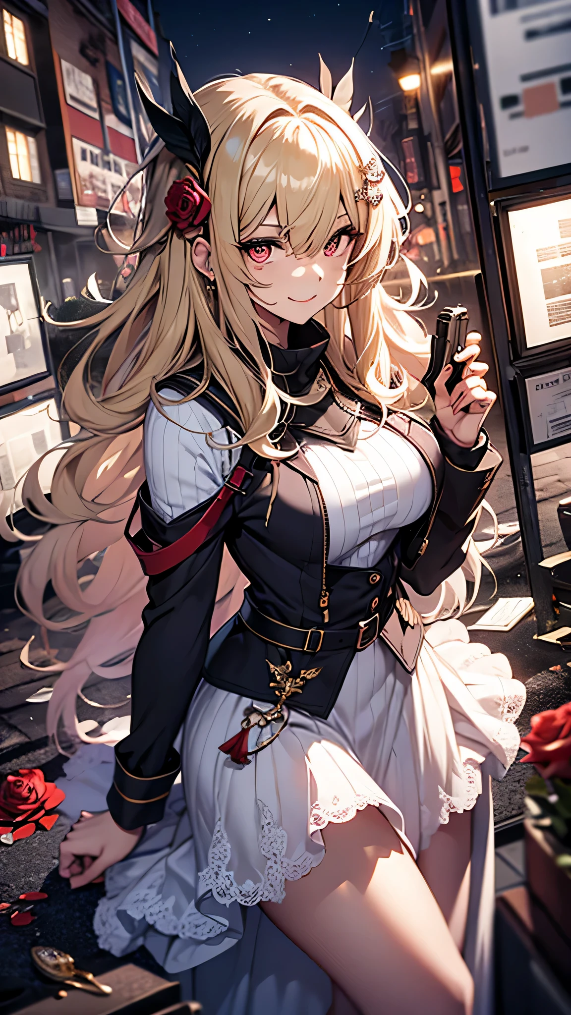 最high quality、best image quality、masterpiece、girl((18-year-old、 By becoming、vest bust、medium bust,wide open breast tea、red glowing eyes, blonde、messy hair、long hair、thin,highest valley、Show the whole body、white dress、long skirt、open chest、White wristband、red shoes、sexy、smile、Leaning forward、rose hair ornament、Holding a handgun、Whole body return blood)),high quality、beautiful art、background((In the office at night))、Flight、debris flies、Depth of written boundary、movie、visual art、perfect art、8K,genuine、