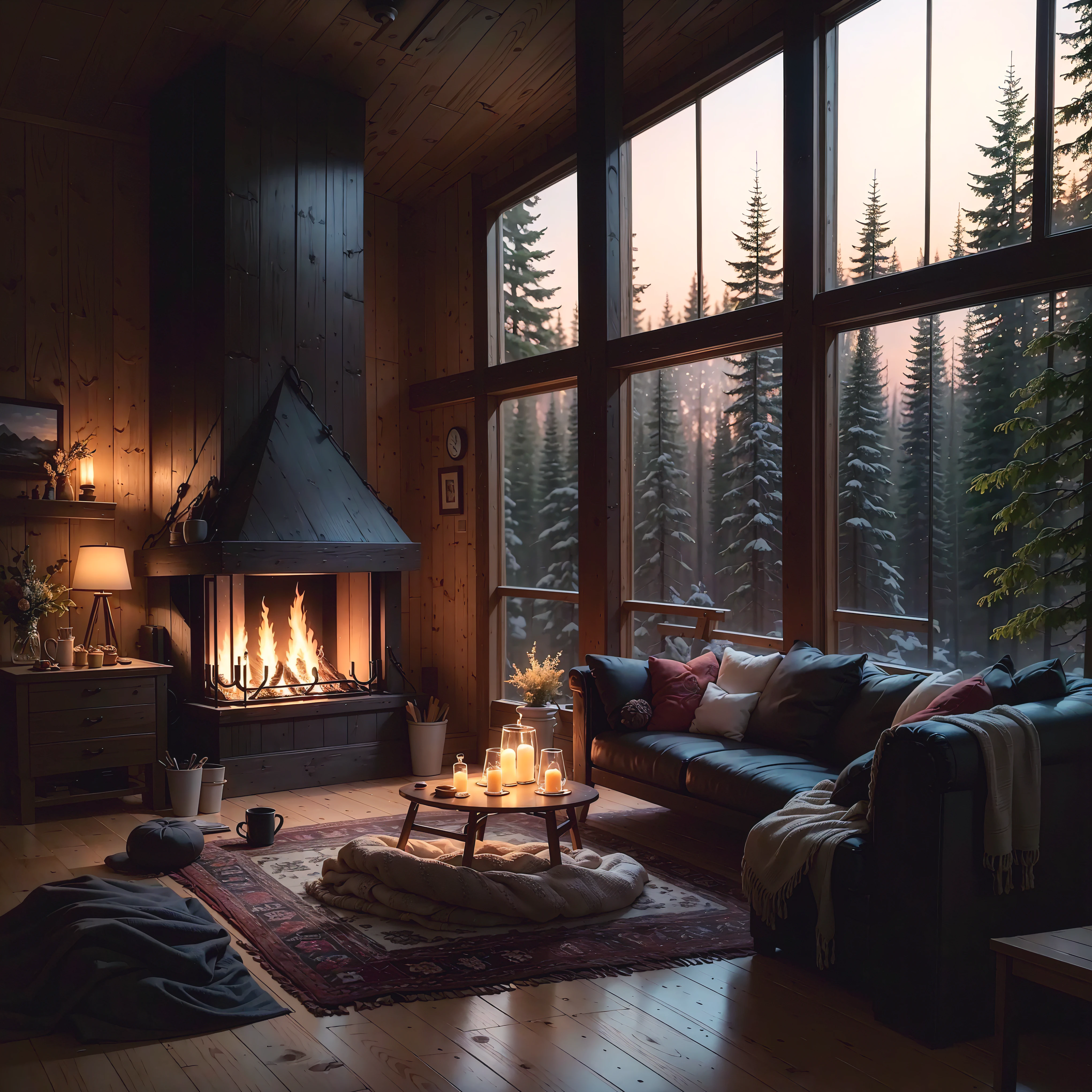 THIS EVENING WOODEN CABIN LIVING ROOM ANIME BACKGROUND, (COZY ATMOSPHERE), (SUBTLE LIGHTING), BRIGHT STONE FIREPLACE FIRE, LIONSKIN RUG THIS EVENING BEST QUALITY,  GLASS WINDOWS