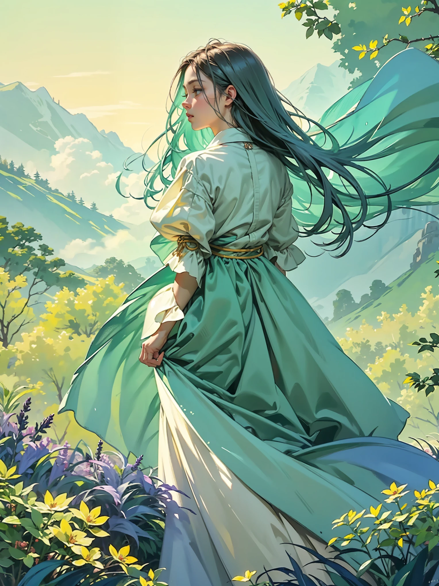 a beautiful lavender field,soft sunlight,gentle breeze,fragrant lavender aroma,slender lavender stems and blooms,rolling hills in the background,lush greenery,distant mountains,mysterious mist,mint green leaves dancing in the wind,dreamy sky blue background,peaceful and serene atmosphere,high resolution painting,masterpiece:1.2,ultra-detailed,realistic:1.37,HDR,stunning color palette,soft natural lighting