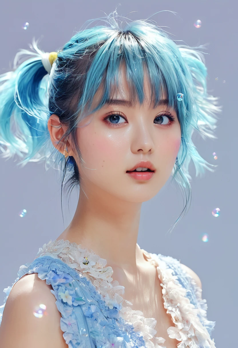 (masterpiece), (best quality), (ultra detailed),(disheveled hair),(illustration), (1girl), (Fashionable clothing), standing, Fashion model, looking at viewer, (interview), (simple background),beautiful detailed eyes, delicate beautiful face, Floating,(high saturation),(colorful splashes),colorful bubble,(shining), focus on face, ponytail, kamisato ayaka, light blue hair, bangs, hair ring, floating flowers, floating hairs, (shining), best lighting, best shadow,