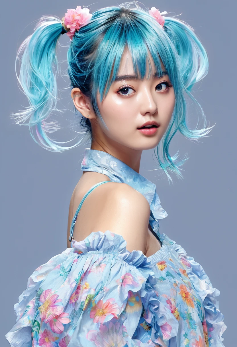 (masterpiece), (best quality), (ultra detailed),(disheveled hair),(illustration), (1girl), (Fashionable clothing), standing, Fashion model, looking at viewer, (interview), (simple background),beautiful detailed eyes, delicate beautiful face, Floating,(high saturation),(colorful splashes),colorful bubble,(shining), focus on face, ponytail, kamisato ayaka, light blue hair, bangs, hair ring, floating flowers, floating hairs, (shining), best lighting, best shadow,