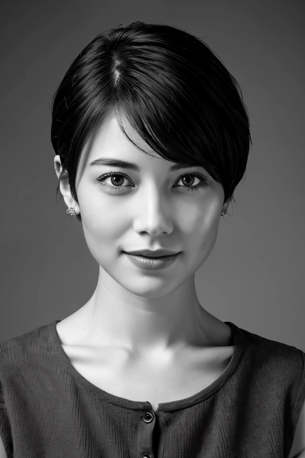 table top, highest quality, Photoreal, Super detailed, finely, High resolution, 8k wallpaper, Raw photo, Professional, Advanced level of detail, (((monochrome photography))), 1 girl, (facing the front), Upper body, perfect face, (Only lips red), (short hair)