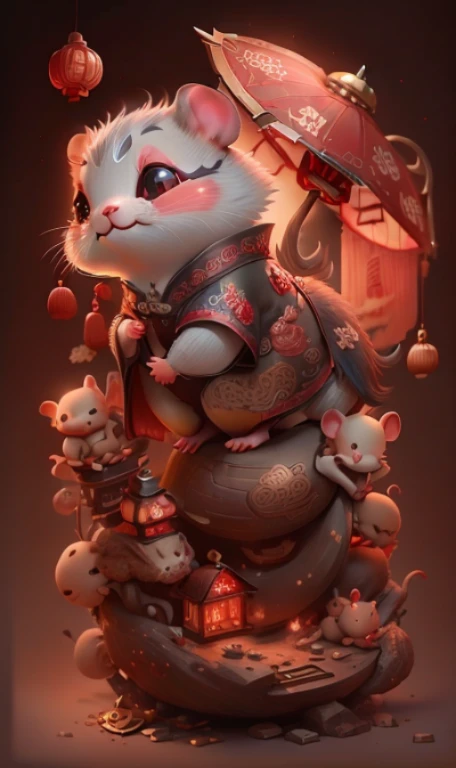 A cute Chinese rat,Chinese rat,Gray-black,Obvious rat features,gold trim,new year atmosphere,Chinese rat概念艺术,Inspi red by Chinese style,3D modeling,Ultra-detailed rendering,8K