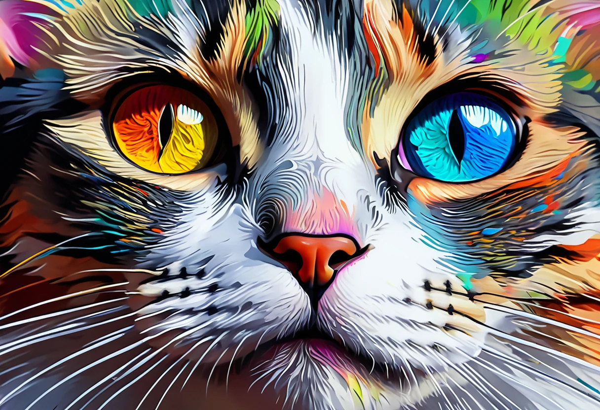 painting of a Cat with a colorful face and eyes, Cat. digital painting, 4k very detailed digital art, digital painting very detailed, Beautiful art UHD 4K, very detailed digital painting, very detailed digital art, beautiful digital artwork, 4k detailed digital art, detailed painting 4k, very detailed digital artwork, stunning digital painting, digital art. very detailed