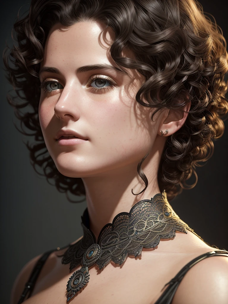 Center,

Half Body of 

A 20 yo passionately exciting Woman [Elizabeth II:Maude Adams:0.46],  

Dark short curly Hair,

Half Body,

, ultra-detailed, film photography, light leaks, Larry Bud Melman, trending on artstation, sharp focus, studio photo, intricate details, highly detailed, by greg rutkowski