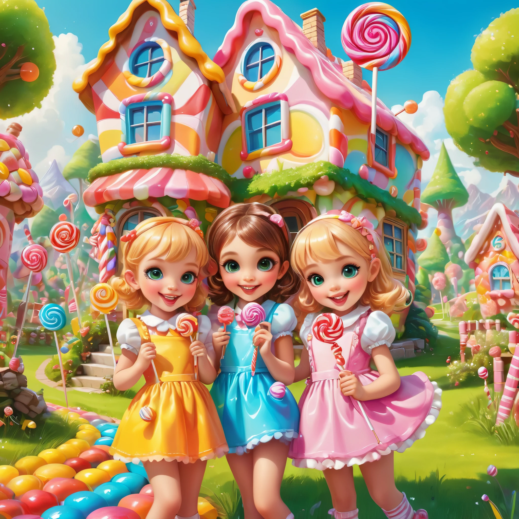 best quality,ultra-detailed,miniature candyland,portrait of a girl,beautiful detailed eyes and face,realistic lips,long eyelashes,2 girls in candy-themed outfits,smiling,playing,joyful expressions,colorful candies and lollipops,lush green grass and trees,tiny candy houses with icing roofs,bright sunny day,soft and warm lighting,vibrant colors,sweet and sugary atmosphere,delightful and whimsical art style