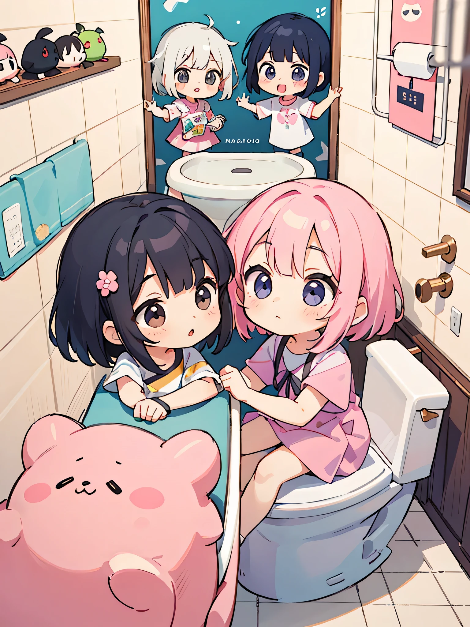 Momoko Sakura style, Kawaii Design, (((10 people)))、most beautiful girl ever、Chibi, Colorful bob hair、((Lots of friends))、children&#39;s room、(((Toilet together)))