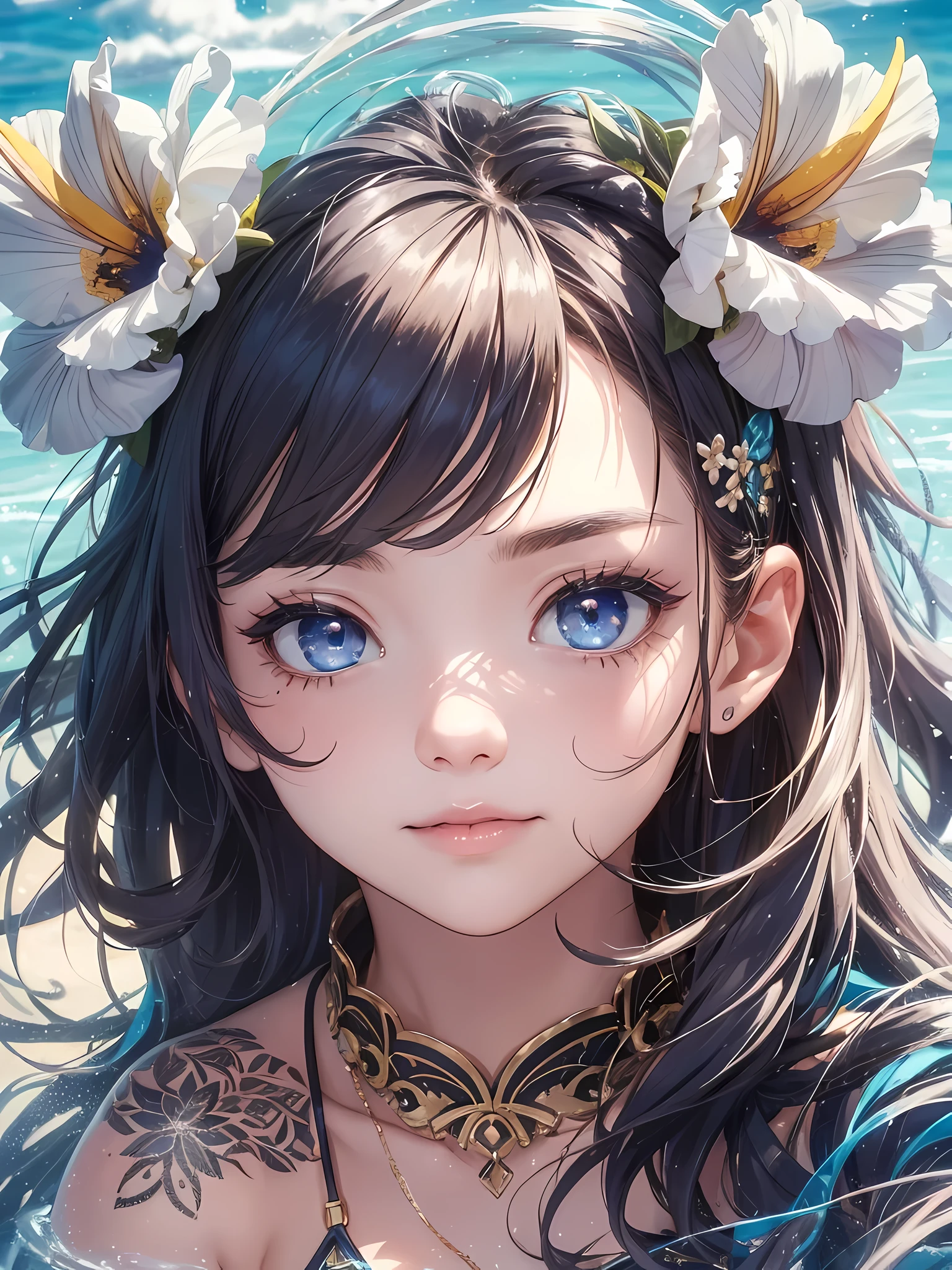 (masterpiece, highest quality, super detailed, ultra-high resolutiom, High resolution,8K:1.4),detailed beautiful eyes,(intricate iris details:1.4), break,20_Year_old, girl,smile, grin and laugh, (dark_skin),(Tribal_tattoo),(Wavy hair),(messy hair),(asymmetrical bangs),(colorful hair),
slanted eyes, (((blue eyes))),
(Depth and three-dimensionality of pupils,We carefully finish every detail of your eyelashes.),
((flower hair ornament)),(shorts,bikini:1.4),beach, sunlight,