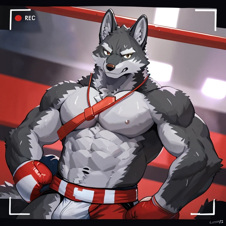 POV,top angle,sleep on stomach,lats,trapezius,butt lift,kemono, anthro (gray wolf), male, (gray wolf), muscular, back, red body, white belly ,sweat, ((correct anatomy)), (boxing ring background, gym background), 1 boy, solo, wearing jockstrap, pain expression, canine tooth, hd, dark shadows, wide dynamic range, hdr, low light:1.2, front view, full body, canid, canine, canis, domestic gray wolf mammal, nordic sled gray wolf, fullbody, full res, smile, lifeguard, wearing black short, full body, camera view, side view, full view, whistle, look down at viewer, full body