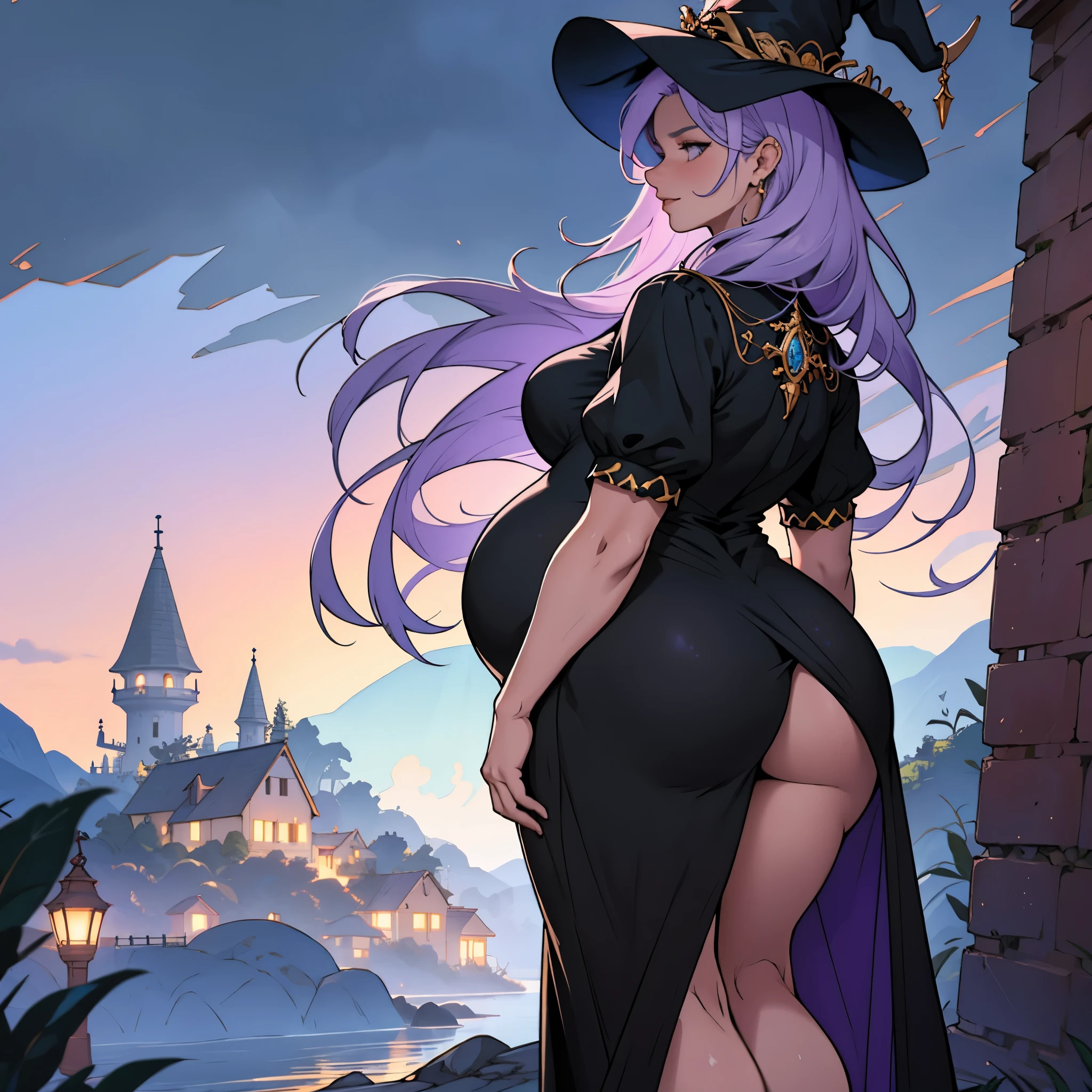 pregnant woman, mais velha, na casa dos 30 anos, com cabelo roxo curto e corpo alto e cheio de curvas, View from behind, de costas, seios grandes, bunda, (obra de arte, Melhor qualidade:1.2) wearing the legendary great black dress of the mystical sorceress, Big witch hat, seios grandes gestante, roupas cobrindo todo o corpo, olhar misterioso