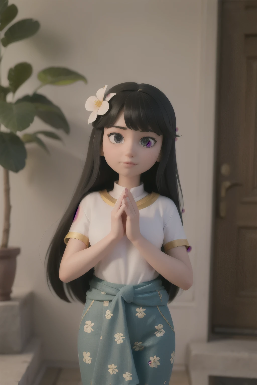 ((best quality)), ((masterpiece)), (detailed), perfect face.Sinhala and Tamil New Year, a cartoon cute girl with long black hair, wearing a plain yellow lungi,a plain white top, clasped her hands and says hello, holding a temple flower in her right ear.