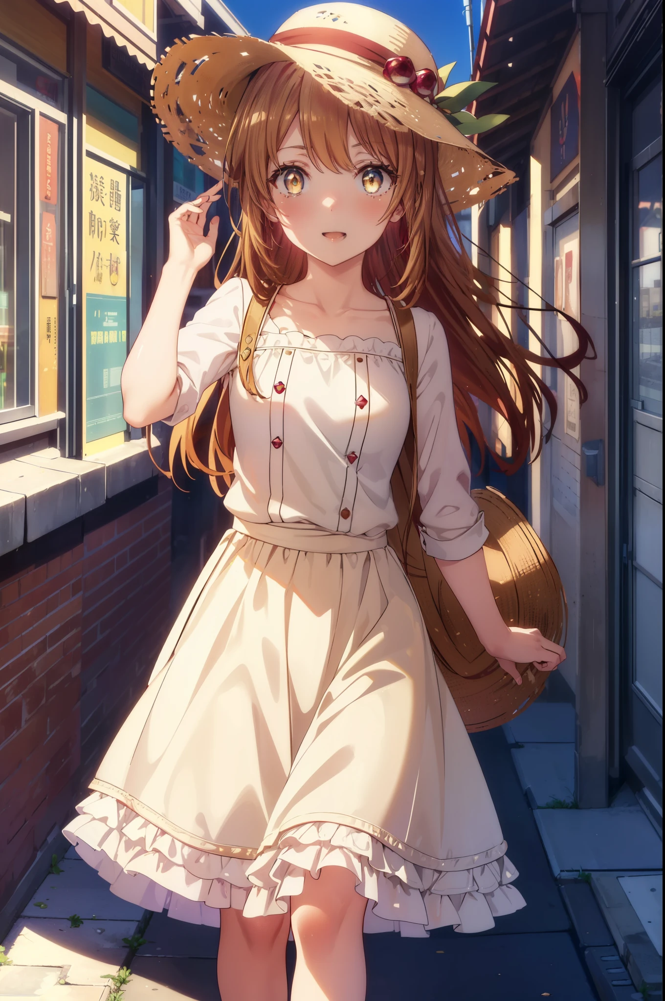 irohaisshiki, Isshiki Iroha, long hair, light brown hair, (Brown ruby eyes:1.5), White long skirt integrated dress,Cute Sandals,straw hat,happy smile, smile, open your mouth,daytime,Clear skies,
break outdoors ,building street,In town,
break looking at viewer,(cowboy shot:1. 1)
break (masterpiece:1.2), highest quality, High resolution, unity 8k wallpaper, (shape:0.8), (beautiful and detailed eyes:1.6), highly detailed face, perfect lighting, Very detailed CG, (perfect hands, perfect anatomy),