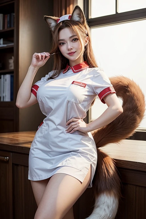((highest quality)), ((masterpiece)), (get used to it), perfect face, fox girl, Beautiful woman, public, It has a tail, she has a fluffy tail, she has a fox tail, she shows her tail, smile, She is wearing a nurse uniform, beautiful hips, big breasts , big tail, Nurse uniform tail