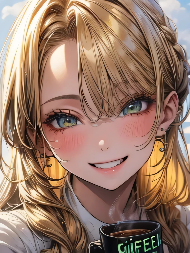 realistic, 1girl, golden hair, green eyes, coffee, selfie