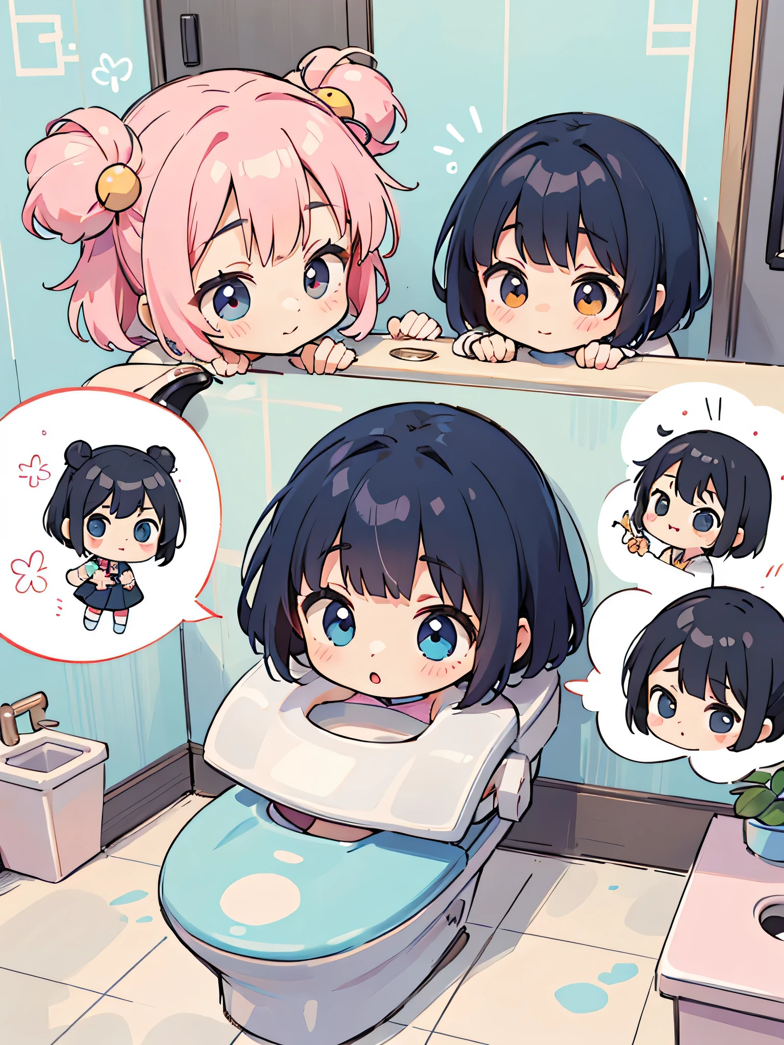 Momoko Sakura style, Kawaii Design, (((10 people)))、most beautiful girl ever、Chibi, Colorful bob hair、((Lots of friends))、children's room、(((Toilet together)))