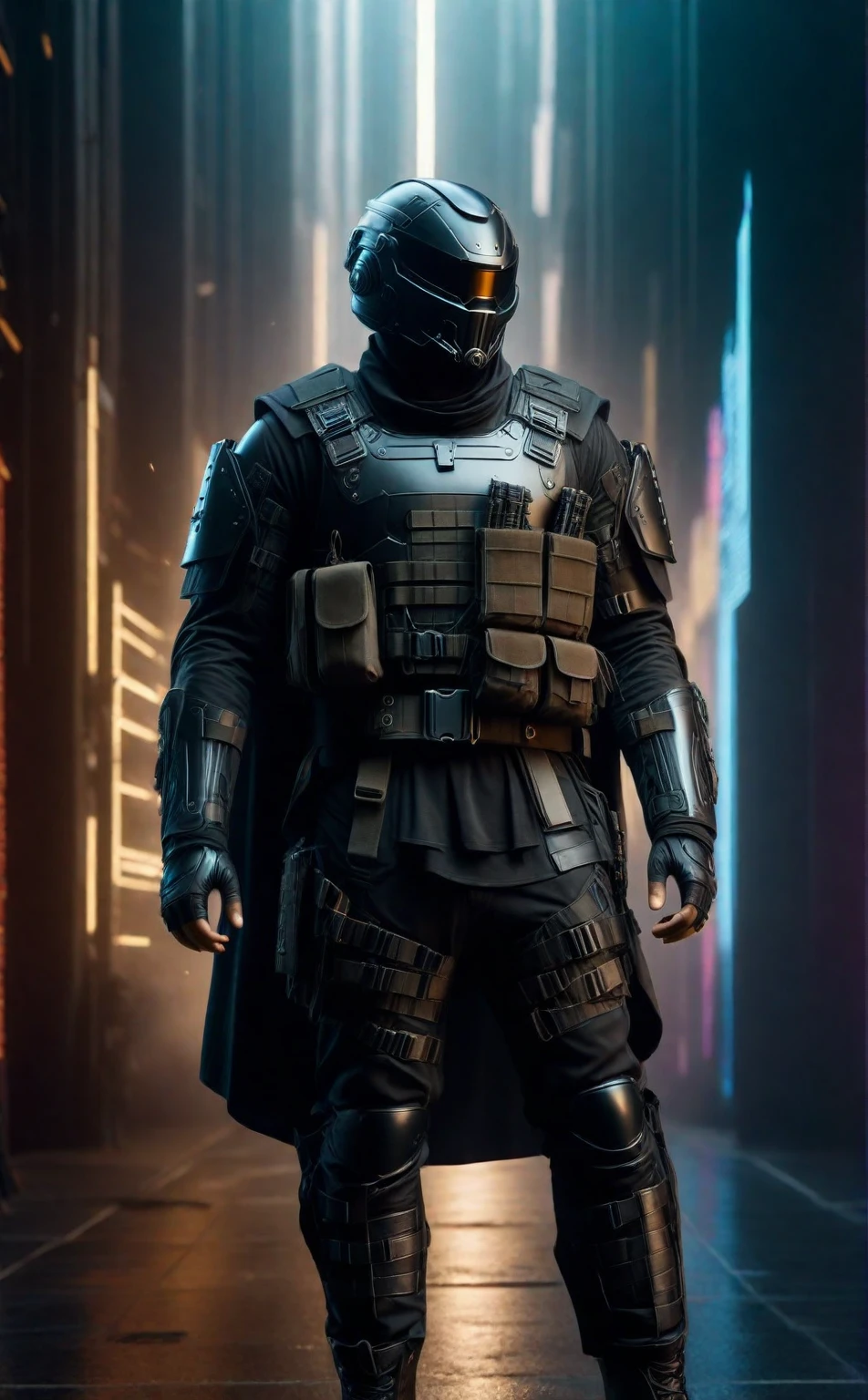 cinematic photo a man with a helmet with a tactical armour, Tactical vest with ammo pouches, A black cape behind him flowing in the wind, Utility belt, full body. 35mm photograph, film, bokeh, professional, 4k, highly detailed high-res, masterpiece, best quality, Cyberpunk background,