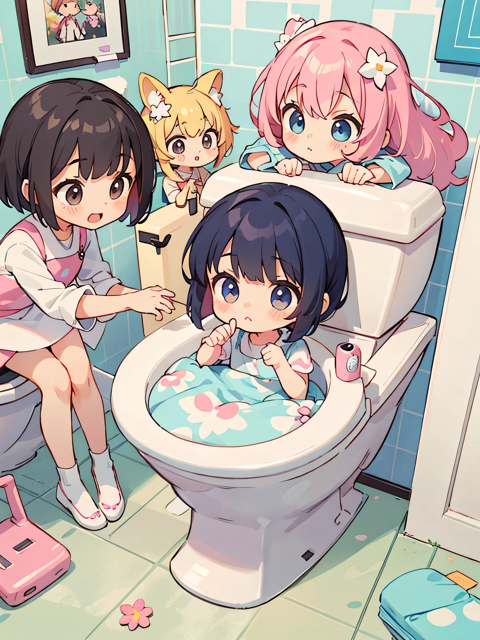 Momoko Sakura style, Kawaii Design, (((10 people)))、most beautiful girl ever、Chibi, Colorful bob hair、((Lots of friends))、children's room、(((Toilet together)))