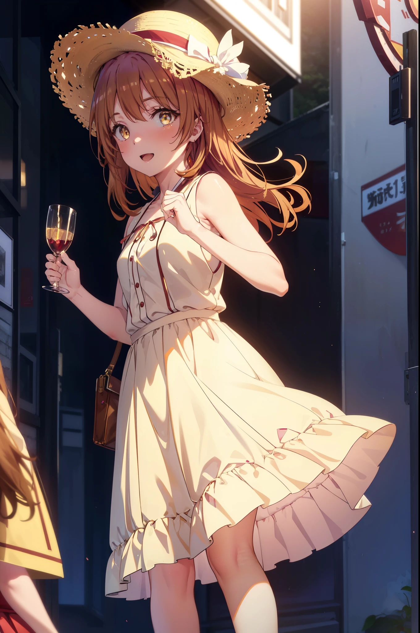 irohaisshiki, Isshiki Iroha, long hair, light brown hair, (Brown ruby eyes:1.5), White long skirt integrated dress,Cute Sandals,straw hat,happy smile, smile, open your mouth,daytime,Clear skies,
break outdoors ,building street,In town,
break looking at viewer,(cowboy shot:1. 1)
break (masterpiece:1.2), highest quality, High resolution, unity 8k wallpaper, (shape:0.8), (beautiful and detailed eyes:1.6), highly detailed face, perfect lighting, Very detailed CG, (perfect hands, perfect anatomy),