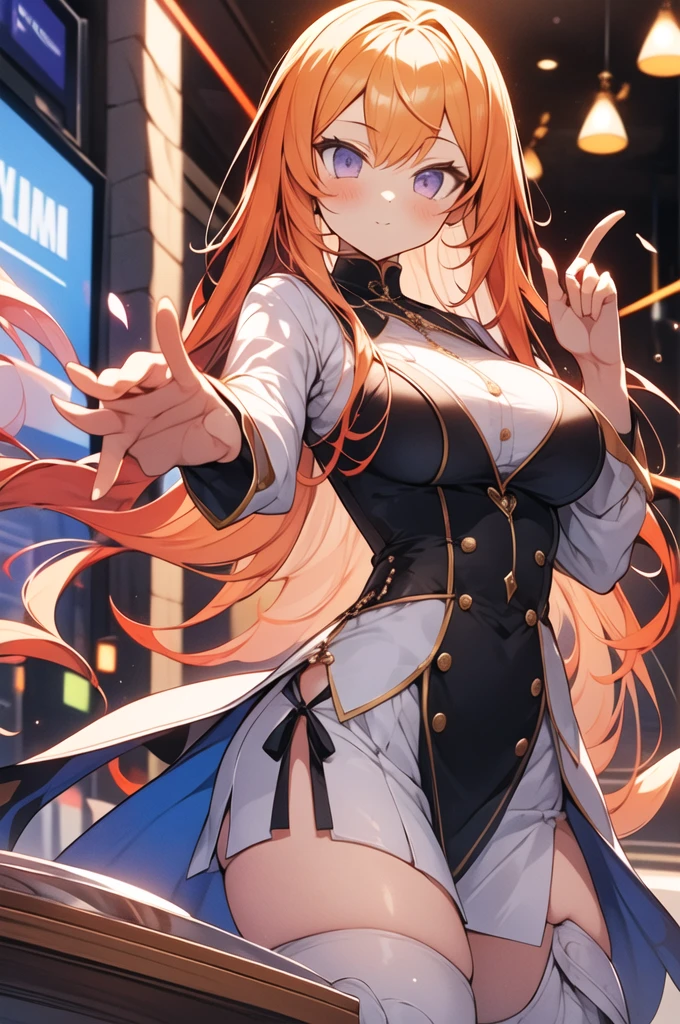 (masterpiece, highest quality:1.2), highest quality, masterpiece, high resolution, Anime style, portraiture, long hair, ash ginger hair, redhead hair, oversized coat, right green eyes, ((big breasts, huge breasts, large breasts, ample breasts)), magic, magic square, magician, almond-shaped eyes, in a bad mood