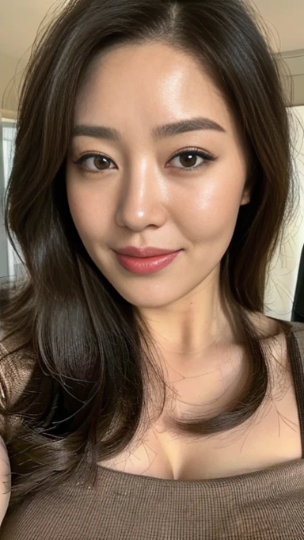 Highly detailed face and skin texture, fine eyes, double eyelid,((mature adult woman))、((middle-aged women))、((55 years old)),((In underwear))、((very good))、medium long brown hair,on the office chair,((big breasts 1.8)), High resolution facial features,gentle smile、Reach out to your audience、