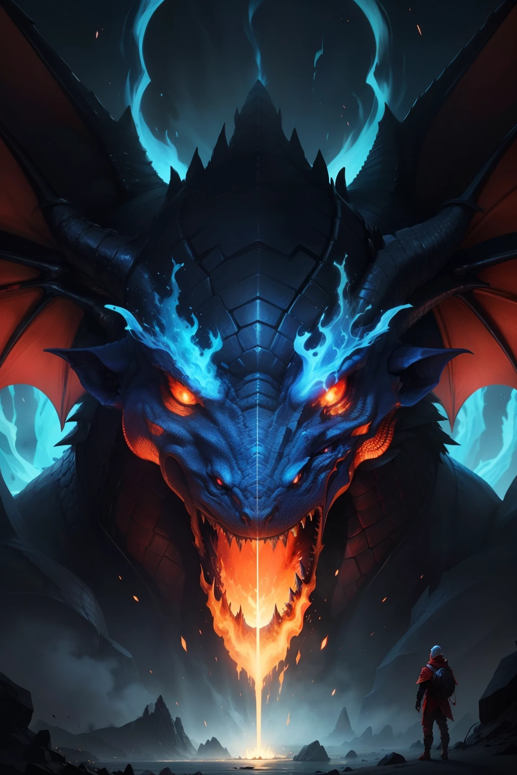 The head of a dragon,asas(Demon's asas,Flame-entwined asas,Huge asas unfolded, com fogo azul