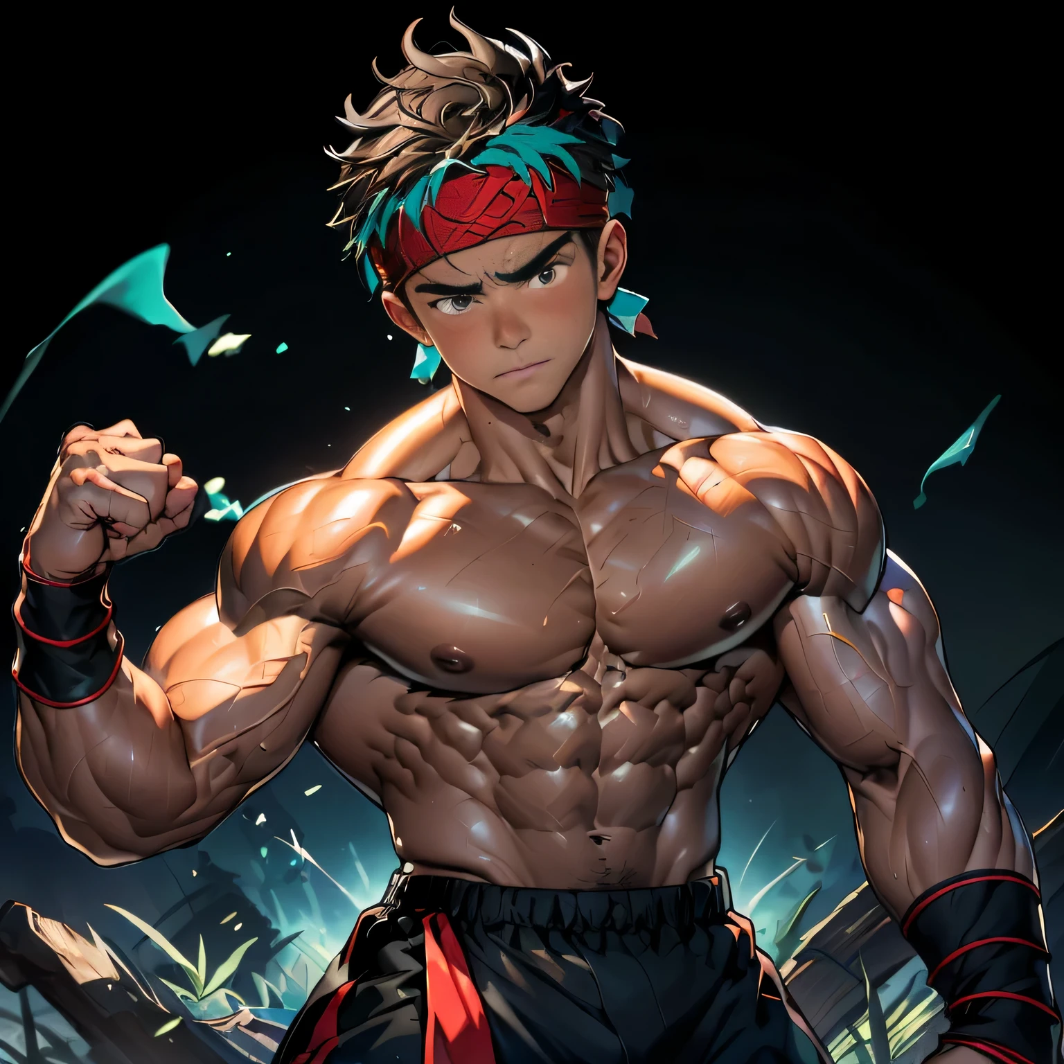 (Masterpiece, Best quality 19 year old boy, black background), solo, Young, boy, muscler, Shirtless, topless, (Dark Short straight hair, under cut, brown eyes), (red headband, ((black wristband))), Vivid colors, (hot Abs:1.2, abs!, big abs, big breast:1.2, chest!, muscler upper arms, clenched fist), (topless male), muscler!, muscler body, Man with martial arts stance, (aura power:1.4), detailed face, detailed muscle, (((A magical turquoise mystical aura, random fighting pose, powerful, action, rippling muscles, fighting with enemy, concentrate, Fotografia de combate)))
