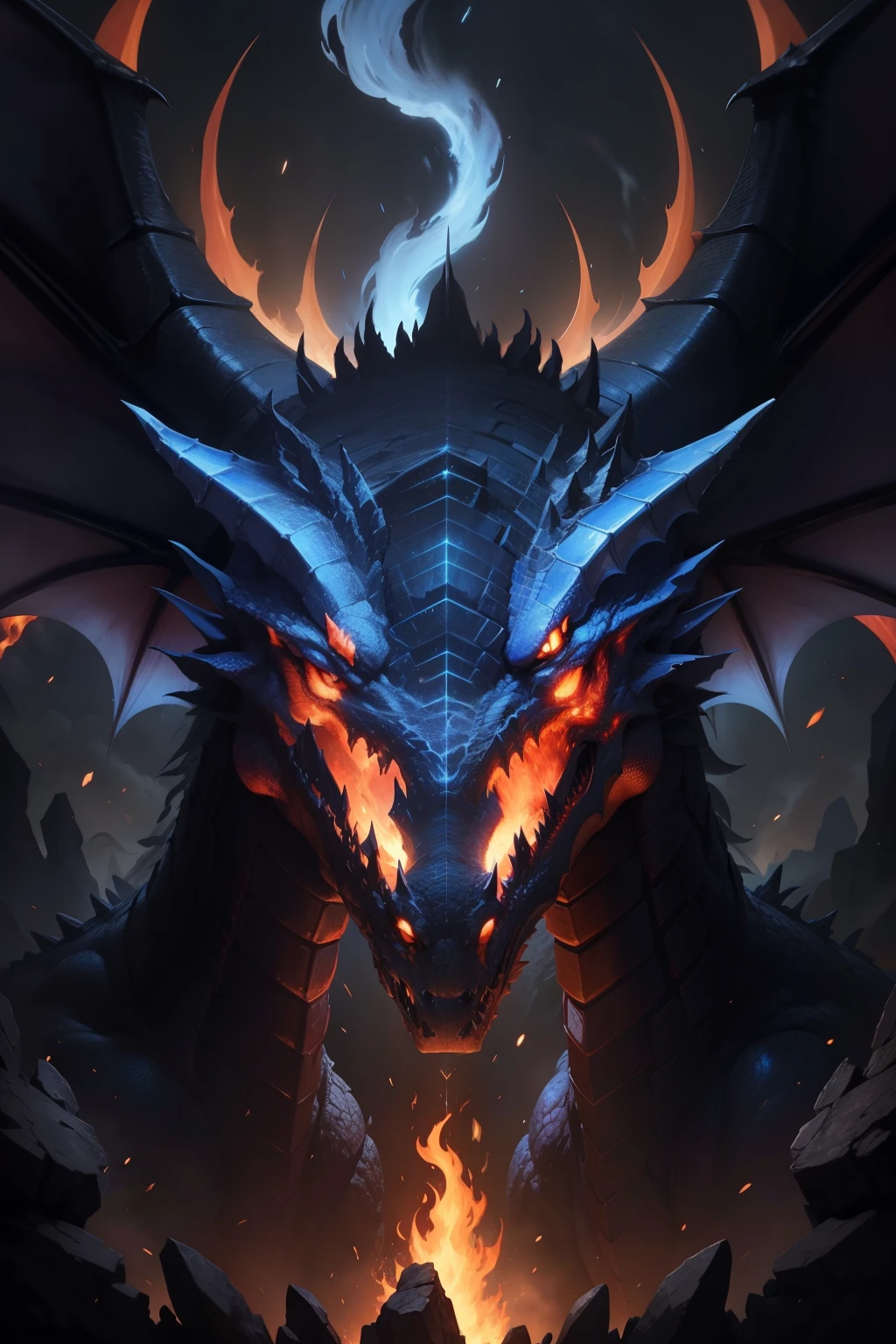 The head of a dragon，asas（Demon's asas，Flame-entwined asas，Huge asas unfolded, com fogo azul 