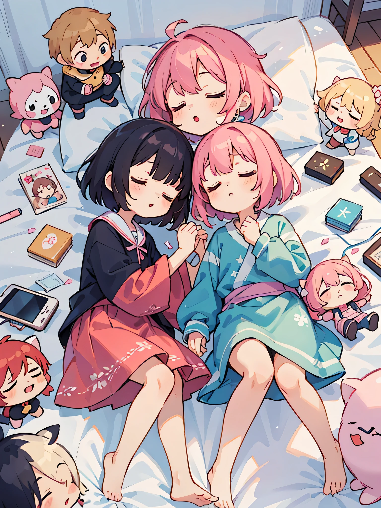 Momoko Sakura style, Kawaii Design, (((10 people)))、most beautiful girl ever、Chibi, Colorful bob hair、((Lots of friends))、children's room、(((Sleeping together as a family)))