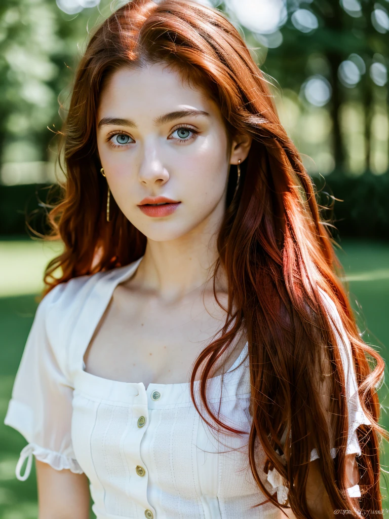 ( masterpiece, top quality, best quality,8k,17 years old girl,ultra detailed,raw photo:1.5),(photorealistic:1.4), (long red hair:1.5), (cinematic lighting), PerfectNwsjMajic, , Surrealism, UHD, ccurate, Super detail, textured skin, High detail, Best quality, dynamic angle, (high nose,White skin),[Beautiful blue eyes],[flat chest:large breasts:0.5],(1girl),(good anatomy:0.5)),(outside:1.5),dress