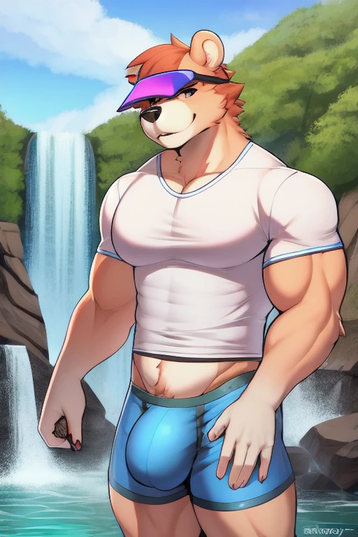 Furry, anthropomorphic bear, big pecs, broad shoulders, muscular, wearing white t-shirt, wearing Camouflage Booty Shorts, dressed as a sports coach, big bulge, wearing sun visor on hand, big biceps, Porn Star, Waterfall scene, location based on Moxie Falls, West Forks, Maine, location based on Screw Auger falls, Newry, Maine, Location based on Step Falls, Newry, Maine, soft shading, soft colors, vivid colors, pastel colors 