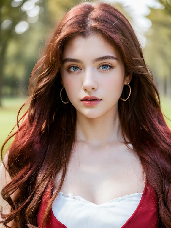 ( masterpiece, top quality, best quality,8k,17 years old girl,ultra detailed,raw photo:1.5),(photorealistic:1.4), (long red hair:1.5), (cinematic lighting), PerfectNwsjMajic, , Surrealism, UHD, ccurate, Super detail, textured skin, High detail, Best quality, dynamic angle, (high nose,White skin),[Beautiful blue eyes],[flat chest:large breasts:0.5],(1girl),(good anatomy:0.5)),(outside:1.5),dress