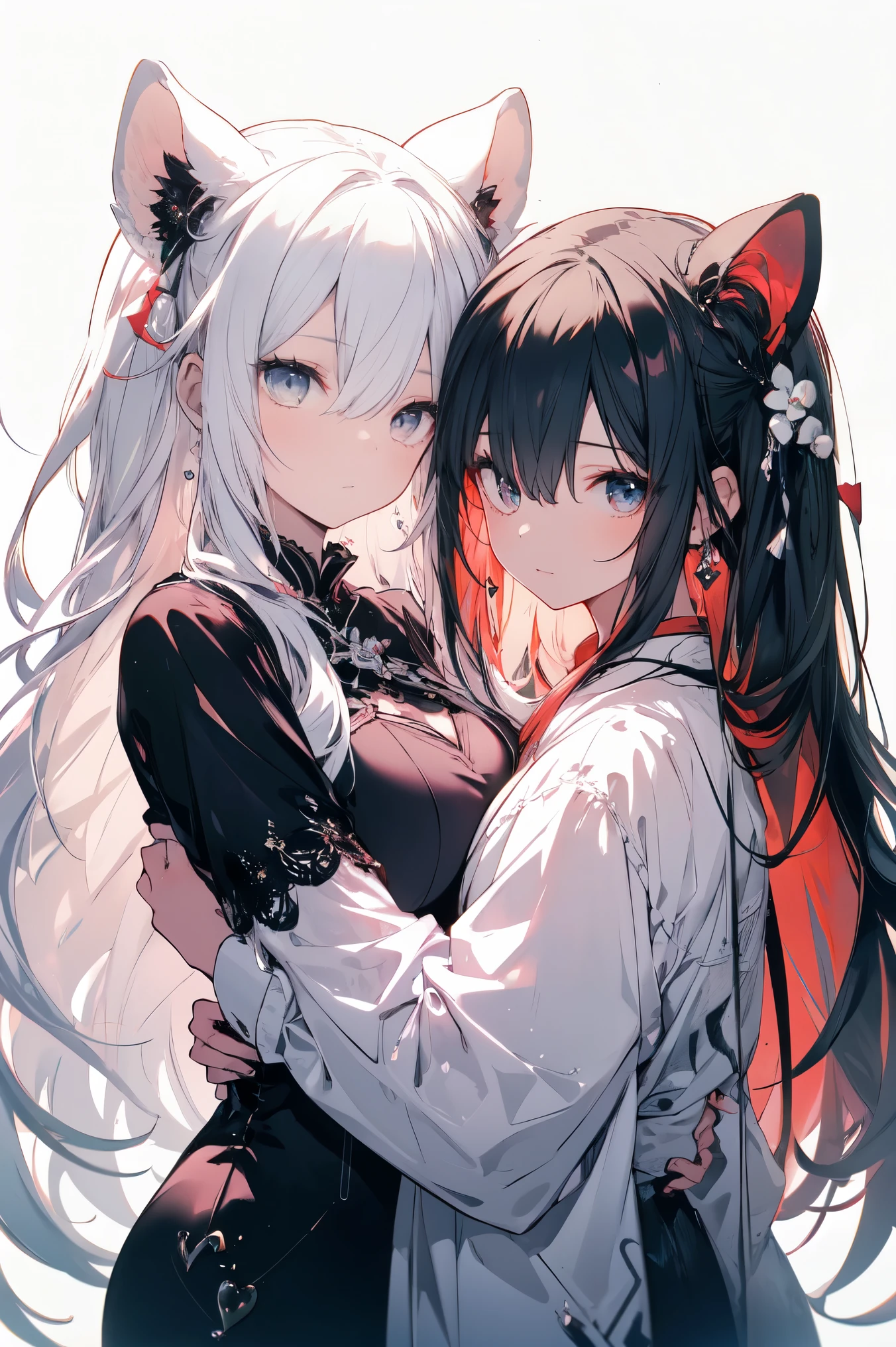 (masterpiece), highest quality, expressive eyes, Two girls standing next to each other, by Pu Hua, Featured on Art Station, gothic art, Black and white with red heart, Beautiful Gemini twins portrait, Streaming on Twitch, with long white hair, reddish, Hand in hand, anthro, beautifully rendered, hug