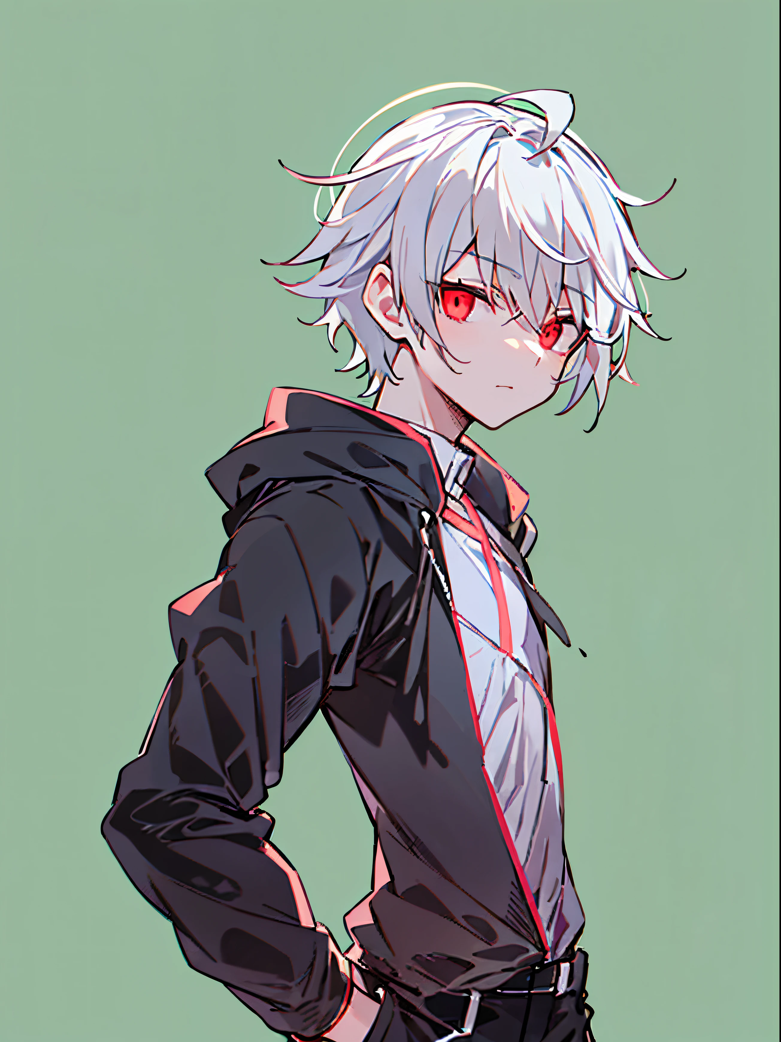 hight resolution,close range、Anime boy with white hair and red eyes staring at camera, Glowing red eyes,slim, dressed in a black outfit,Shadow Body,Simple background、White background、Green background,hair messy, Standing , Full body , toe