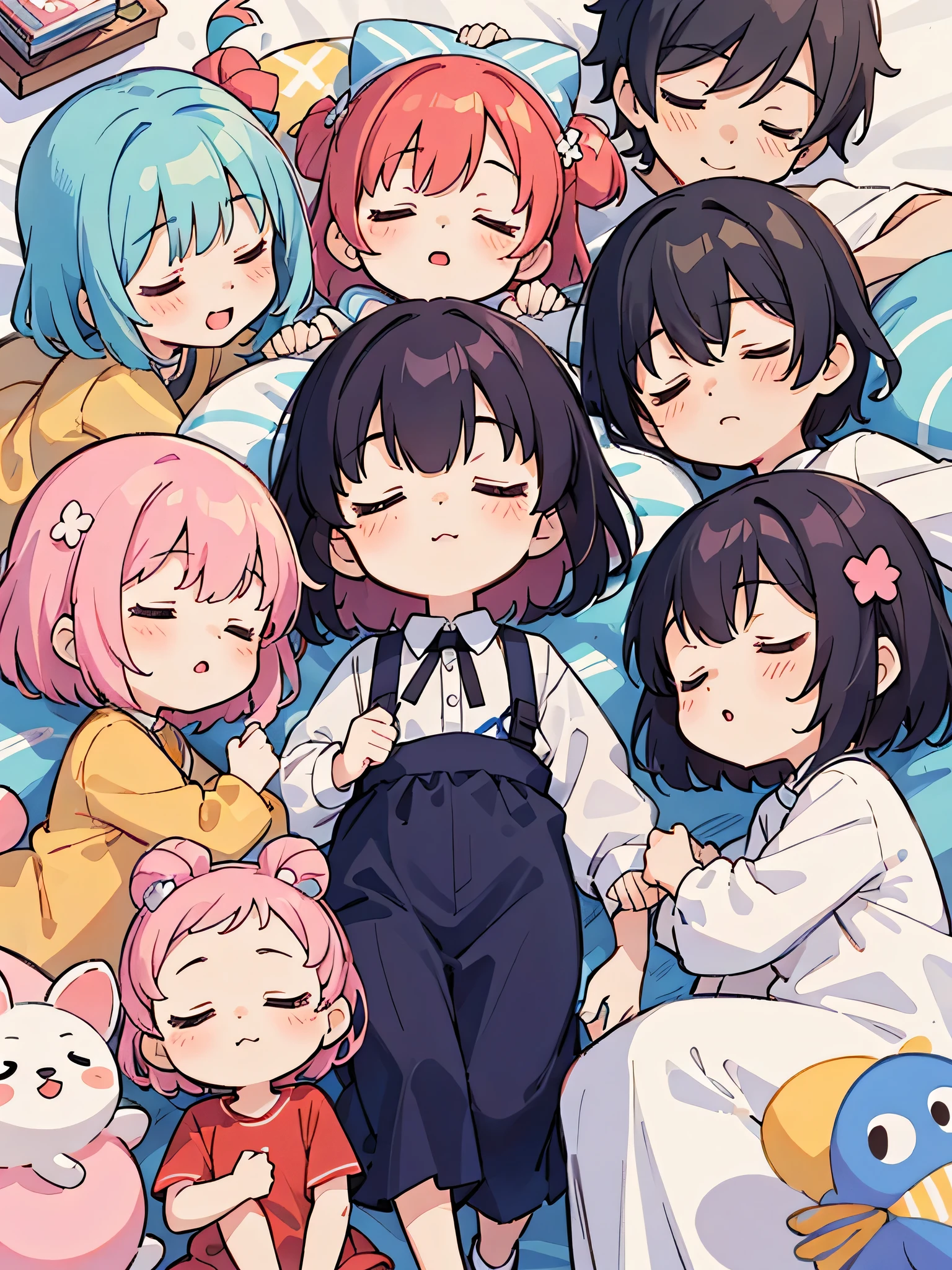 Momoko Sakura style, Kawaii Design, (((10 people)))、most beautiful girl ever、Chibi, Colorful bob hair、((Lots of friends))、children's room、(((Sleeping together as a family)))