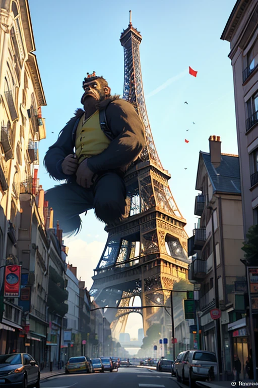 King Kong suspendu à la tour Eiffel et des gilets jaunes tenant des ballons de plusieurs couleurs 