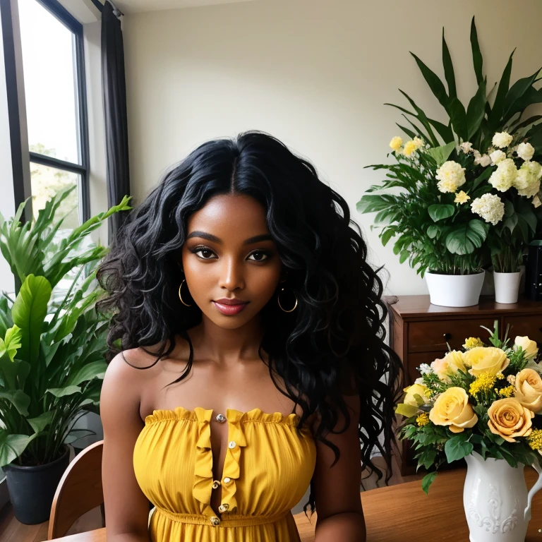 Long luxurious wavy black hair, black woman, medium brown skin toned, wearing yellow sundress, in the dining room full of flowers and plants.