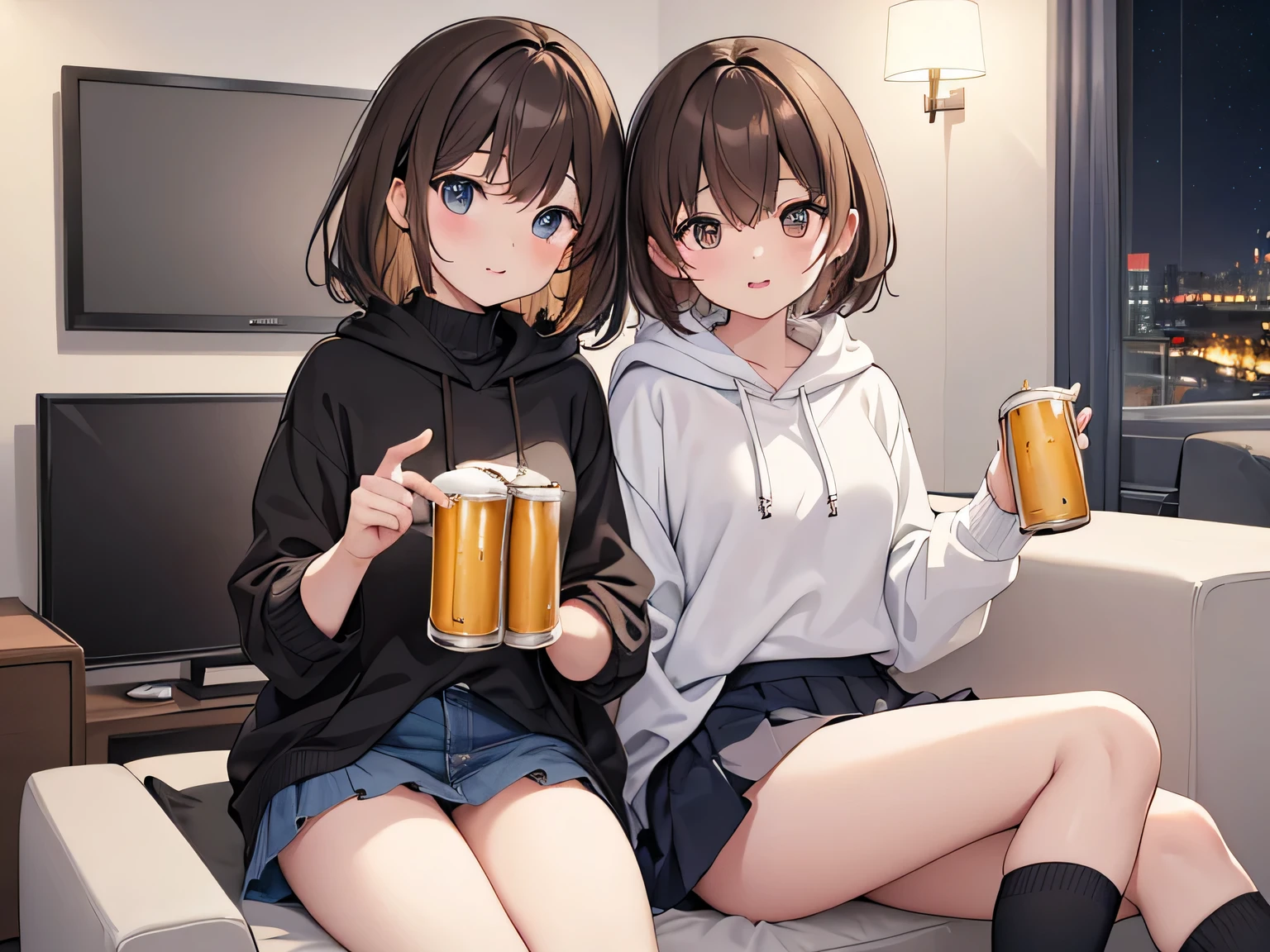 (Masterpiece, highest quality, high resolution, realistic photos, realistic looking skin:1.1),
(There are two women drunk: 1.5), 
(The first is wearing a hoodie and pleated skirt and has short brown hair: 1.8),
(The second is wearing a turtleneck long-sleeved knit and a denim mini-skirt and has long brown hair: 1.8),
(They are both wearing black high socks:1.8),
(They are both holding cans of beer: 1.5),
(Location: apartment living room at night:1.5),
1 Japanese girl, full bodied esbian, beautiful eyes, glowing eyes, glowing thighs, NSFW